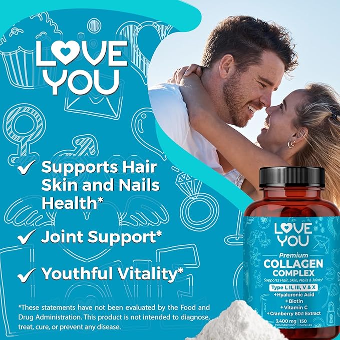 Love You Premium Collagen Capsules – Types I, II, III, V & X – Hair, Skin, Nails, Joints & Gut Support – Hydrolyzed Bovine Collagen Peptides – Grass-Fed, Non-GMO, 120 Capsules, USA Made