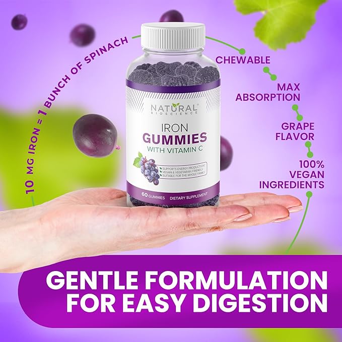Iron Gummies with Vitamin C - Chewable Iron Supplement for Iron Deficiency Anemia, Red Blood Cell Support, Energy, Immune Function, Brain Health, Max Absorption, Grape Flavor, 180 Vegan Gummies