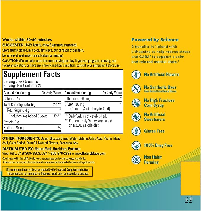 Nature Made Wellblends Stress Relief Gummies, L theanine 200mg to Help Reduce Stress, with GABA 100mg, Same Day Stress Support, 40 Strawberry Flavor Gummies