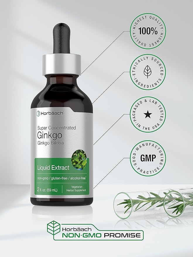 Horbäach Ginkgo Biloba Extract Liquid 2 fl oz | Alcohol-Free Herb Supplement | Vegetarian, Non-GMO, Gluten Free