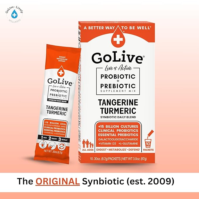 GoLive Prebiotic and Probiotic for Women, Men, Kids. Tangerine Turmeric Synbiotic Powder w/ L-Glutamine, Vitamin D3, Electrolytes. For Gut Health, Digestion, Metabolism, Immunity 15-50B CFUs.