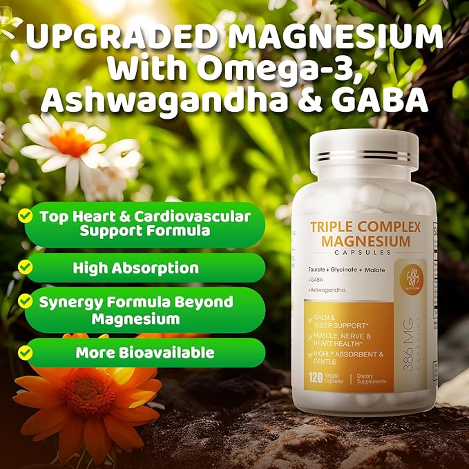 Triple Magnesium Complex - Magnesium Glycinate, Taurate & Malate Supplement with Omega3, Ashwagandha, GABA for Sleep, Brain Heart & Muscle Support - High Absorption and Gentle, Vegan, 120 Capsules