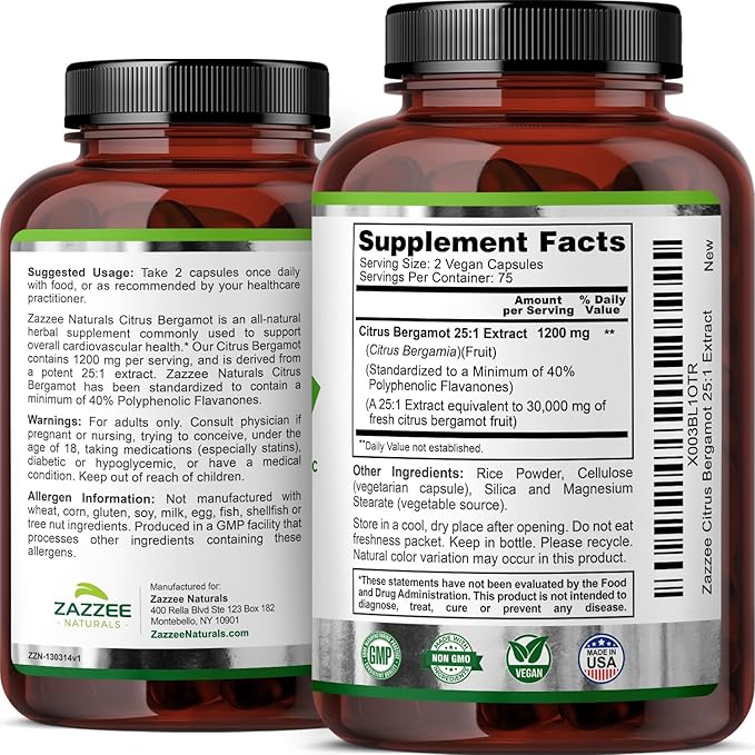 Zazzee Extra Strength Citrus Bergamot 25:1 Extract, 1200 mg per, 40% Polyphenolic Flavanones, 150 Vegan Capsules, Concentrated and Standardized 25X Potency, Non-GMO and All-Natural, Made in The USA