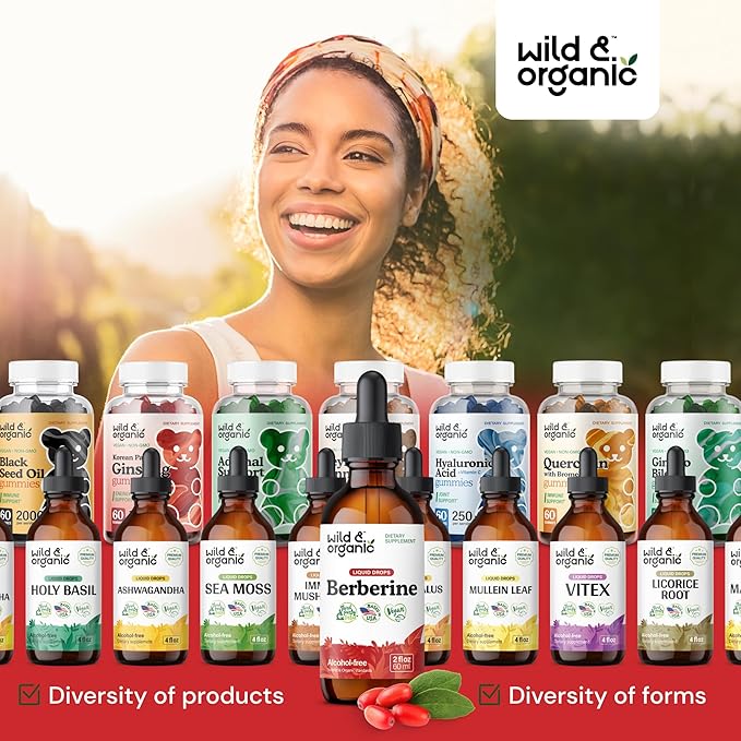Wild & Organic Berberine Liquid Drops - 500mg Berberine Supplement HCL for Overall Support - Natural Extract Tincture - Vegan, Alcohol & Sugar-Free - 2 fl oz