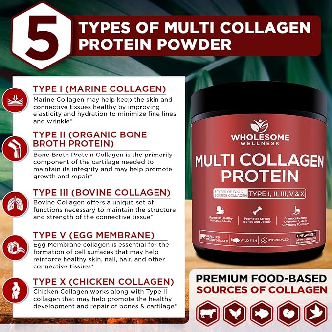 Wholesome Wellness Multi Collagen Protein Powder Hydrolyzed (Type I II III V X) + Super-Absorb Multi Collagen Pills (Type I II III V X) Bundle