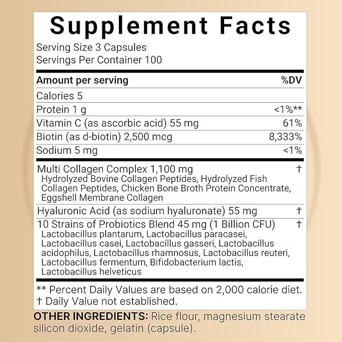NatureBell Multi Collagen Complex, 300 Capsules | 5 Collagen Peptides (Type I, II, III, V, X) Plus Hyaluronic Acid, Biotin, Vitamin C, & Probiotics – Hair, Skin, Nail, Joint, & Gut Health Support