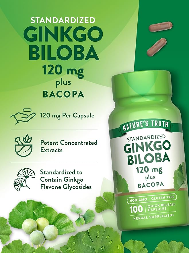 Nature's Truth Ginkgo Biloba 120mg | Plus Bacopa | 100 Quick Release Capsules | Standardized Extract | Non-GMO and Gluten Free Supplement