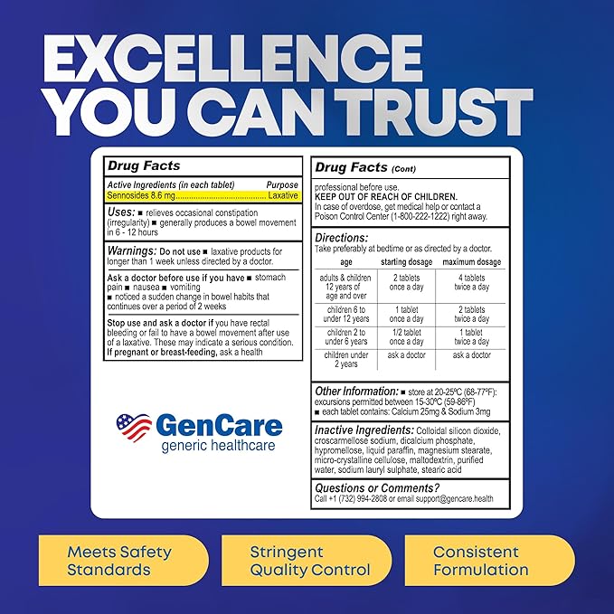 GenCare Senna Laxative 300 Tablets Senna 8.6mg Tablets with Natural Sennosides | Laxatives for Constipation, Bloating, Gas & Irregularity Relief. Safe & Effective | Generic for Senokot