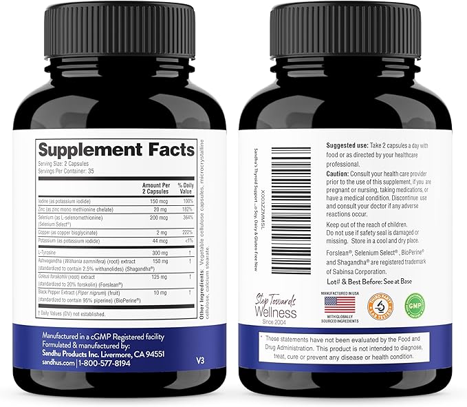 Sandhu's Thyroid Support Complex with Selenium, Zinc, Iodine, L Tyrosine, Ashwagandha | Pure Health Supplement for Women & Men |70 Count, 35 Days Supply