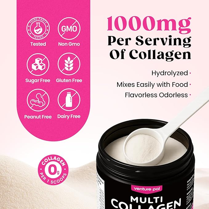 Venture Pal Multi Collagen Protein Powder - Hydrolyzed Collagen Peptides Type I, II, III, V, X + MSM, GC & Vitamin C | Unflavored Collagen Supplement | Hair, Skin, Nail & Joint Support | Non-GMO