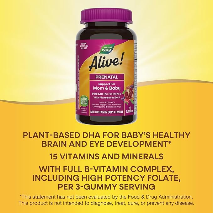 Nature’s Way Alive! Prenatal Premium Gummy Multivitamin, High Potency Folate, Plant-Based DHA, Vegetarian, Strawberry and Lemon Flavored, 75 Gummies