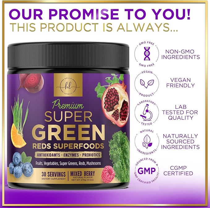 Greens Superfood Powder - Greens Powder Mix for Energy, Spirulina, Chlorella & Digestive Enzymes, Antioxidant Super Green Mix, 20+ Amazing Superfoods Support Digestion, Vegan & Non-GMO - 30 Servings