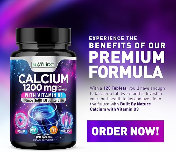 Calcium 1200mg with Vitamin D3 for Best Absorption - Advanced Bone Support Supplement, 1200 mg Calcium Carbonate & 1600 IU Vitamin D3, Slow Release for Immune Support, Easy to Swallow, 120 Tablets