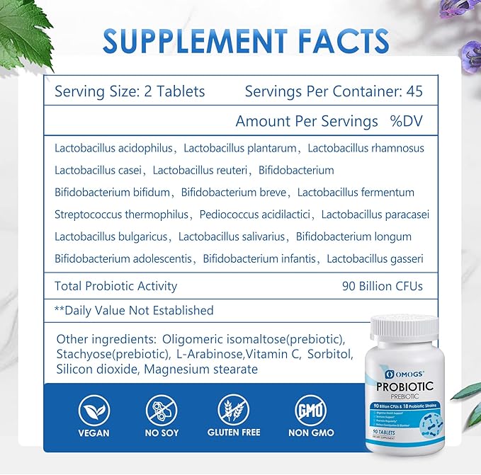 Probiotics 90 Billion CFUs 18 Strains,with 3 Organic Prebiotics & Vitamin C,Nutritional Supplement for Women,Men & Kids,Support Metabolism,Immunity and Digestive Health,Non-GMO, 90 Tablets