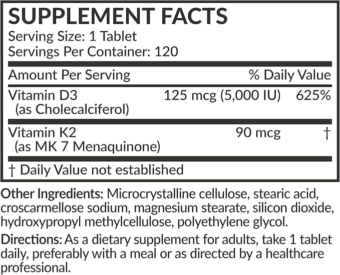 Futurebiotics Vitamin K2 with D3, 2 in 1 Support, 5000 IU Vitamin D3 & 90 mcg Vitamin K2 MK-7 Non-GMO, 120 Tablets