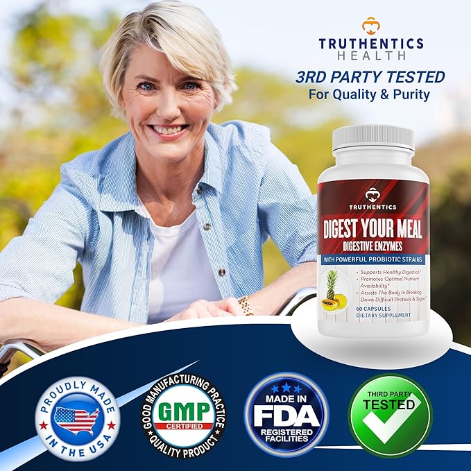 TRUTHENTICS Digestive Enzymes Plus Probiotics & Prebiotics with Bromelain, Lactase, Galactosidase, Acidophilus - Vegan Digestion Aid, Constipation Bloating & Gas Relief for Men & Women - 60 Capsules