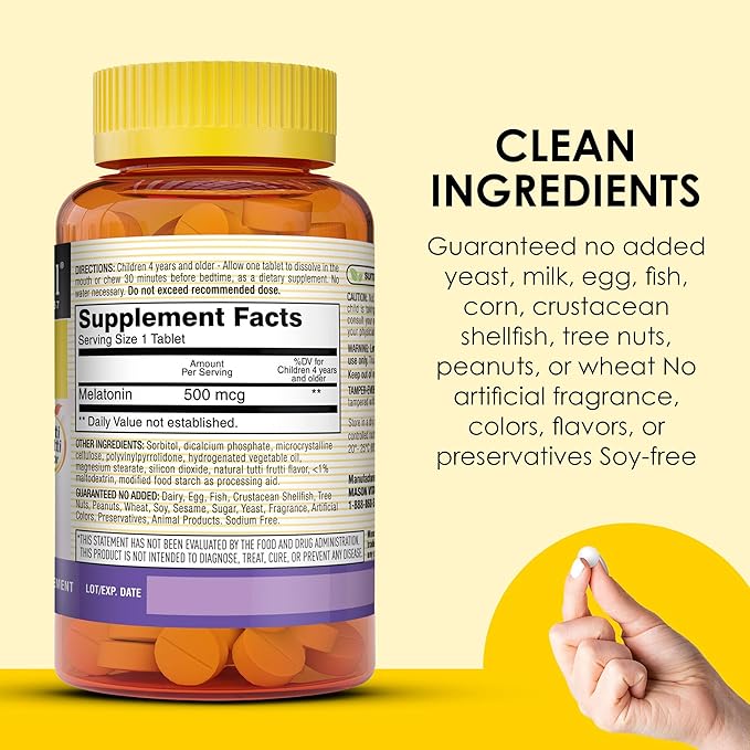 MASON NATURAL Healthy Kids Melatonin, for Children, Supports a Healthy Sleep, Fast Acting, Fruit Flavored, 60 Quick Dissolve Tablets