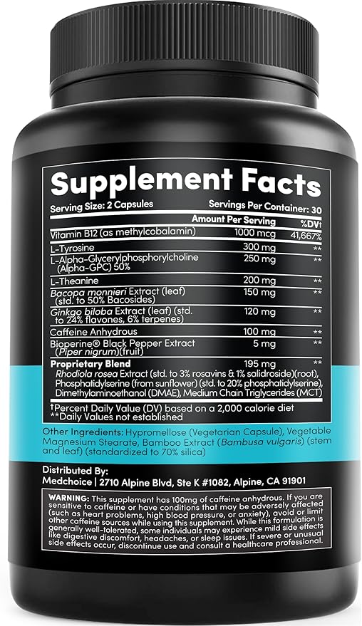 12-in-1 Nootropic Brain Supplement with Caffeine Anhydrous - Ginkgo Biloba for Brain Support, Memory, Focus - B12, Alpha GPC, L Theanine, Choline Supplements with Bioperine, 1321mg, (60ct, Pack of 2)