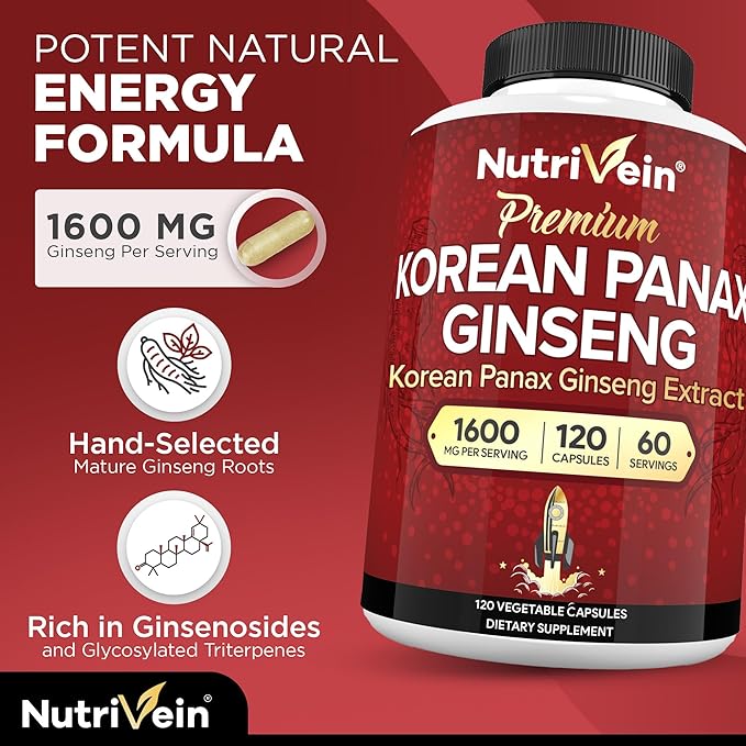 Nutrivein Premium Korean Red Panax Ginseng Supplement 1600 mg - 120 caps - Powerful Korean Red Ginseng for Vitality, Clarity, Performance, & Defenses