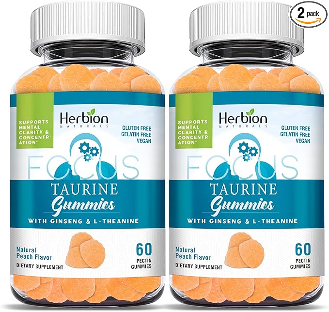 HERBION Naturals Taurine Gummies with Ginseng, L-Theanine, Vitamin C, B3, B6, & B12, Support Mental Clarity & Concentration*, Natural Peach Flavor, Gluten-Free, USA Made,120 Count (Pack of 2)