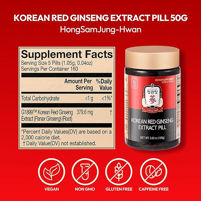 Korean Red Ginseng Extract Pill - Red Panax Ginseng Supplements with Rice Powder, Vitamins C & E - Energy Boost & Immune Support Caffeine & Gluten Free (800 Pills, 5.93 oz)