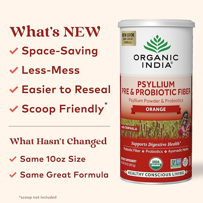 ORGANIC INDIA Psyllium Husk Powder - Pre & Probiotic Fiber Supplement, Organic Psyllium Husk Fiber Supplement with Whole Psyllium Husk, Dietary Fiber, USDA Organic, Vegan, Gluten Free - Orange, 10 Oz