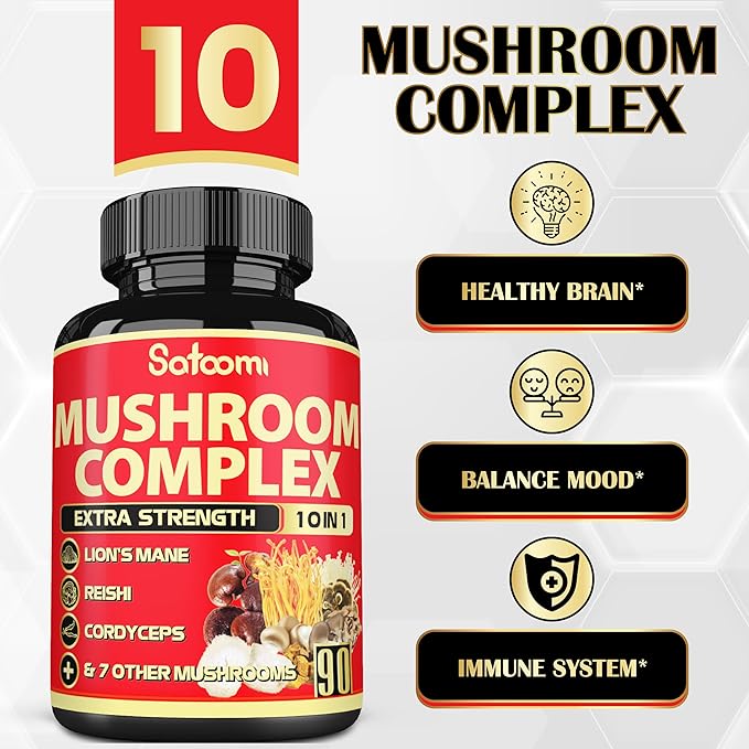 Satoomi 10in1 Mushroom Supplement Complex - Lions Mane, Cordyceps, Reishi, Chaga - Brain Supplements for Memory and Focus - 3 Month Supply