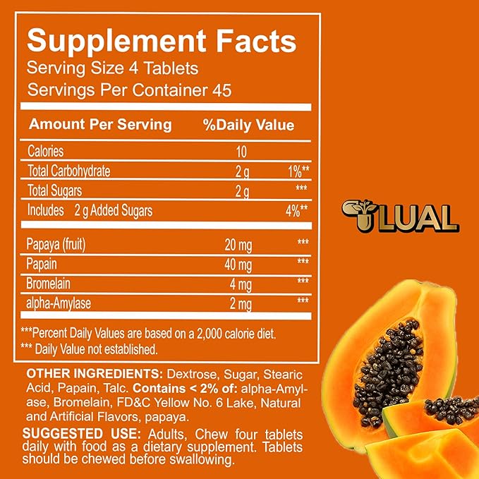 LUAL Papaya Enzyme Complex – Chewable Tablets with Papain, Bromelain & Digestive Enzymes – Supports Digestion & Nutrient Absorption – Natural Papaya Flavor – 180 Count