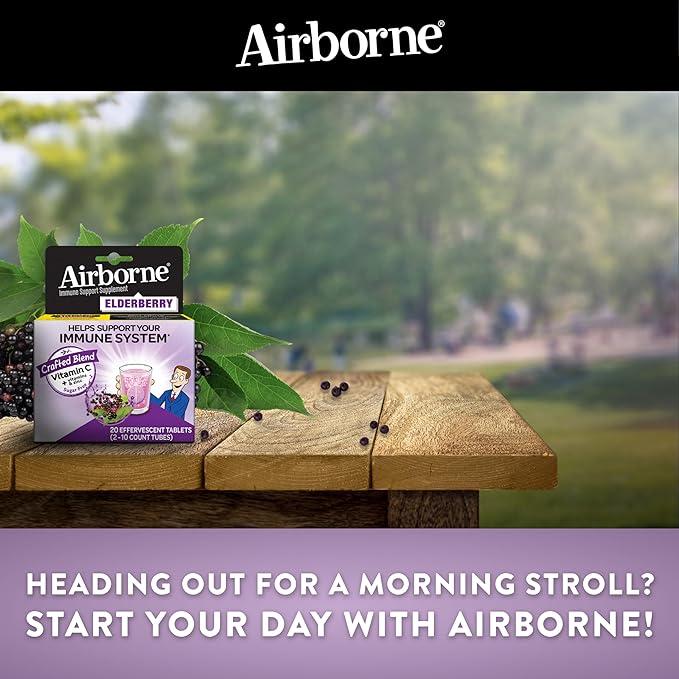 Airborne Elderberry Extract + Vitamin C 1000mg (per Serving) - Effervescent Tablets (20 Count in a Box), Gluten-Free Immune Support Supplement, with Vitamins A C E, Zinc, Selenium, Sugar Free