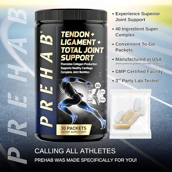 PREHAB Tendon + Ligament + Total Joint Support | Joint Supplement for Athletes | 40 Ingredient Super Complex | Glucosamine Chondroitin MSM Turmeric Boswellia | Premium Tendon Ligament Joint Supplement