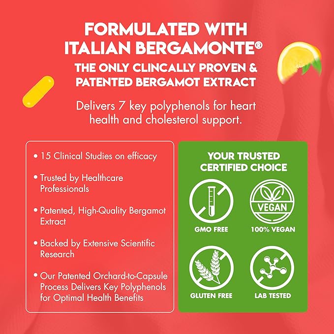Bergamot Heart -1000mg Certified Bergamonte Italian Citrus Bergamot -Highest Polyphenols - Cardiologist Developed & Clinically Proven - Bergamot Supplement for High Cholesterol & Heart Health