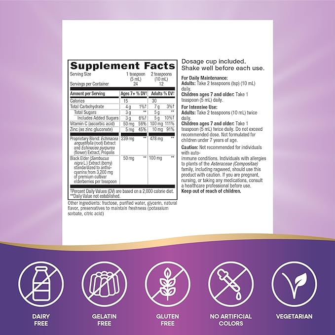 Nature's Way Sambucus Immune Syrup, Elderberry Extract, Vitamin C, Zinc, Echinacea, Propolis, Daily Immune Support*, Antioxidant Support*, Gluten free, Vegetarian, 8 Fl Oz