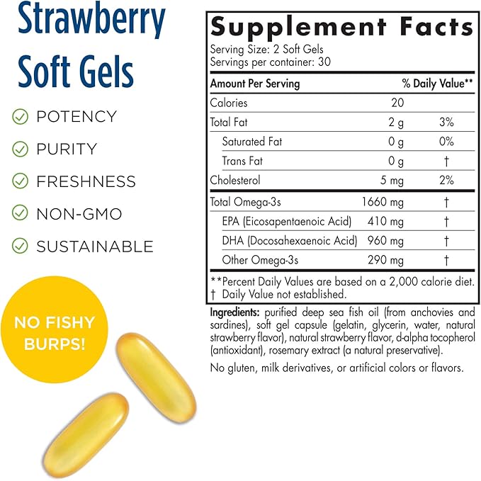 Nordic Naturals ProDHA 1000, Strawberry - 60 Soft Gels - 1660 mg Omega-3 - High-Intensity DHA Formula for Neurological Health, Mood & Memory - Non-GMO - 30 Servings