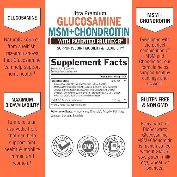 Glucosamine Chondroitin MSM Joint Support Supplement - FSA HSA Approved - Collagen Peptides, Turmeric and Ginger, Hyaluronic Acid, Glucosamine Chondroitin Sulfate - Gluten Free, Non GMO, 180 Capsules