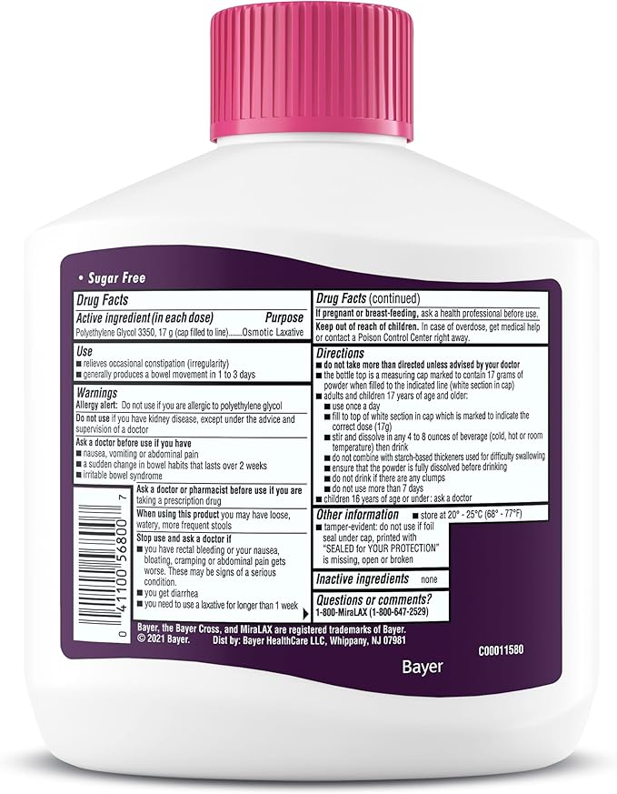 MiraLAX Gentle Constipation Relief Laxative Powder, Stool Softener with PEG 3350, Works Naturally with Water in Your Body, No Harsh Side Effects, Osmotic Laxative, 45 Dose
