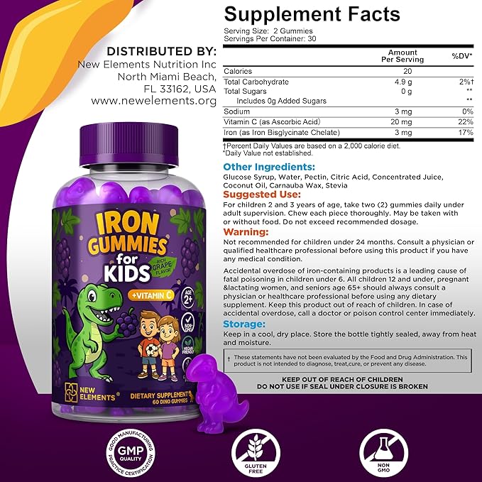 New Elements Iron Dinosaur Gummies for Kids with Vitamin C | Sugar-Free, Vegan, Gluten-Free & Non-GMO | Anemia Relief, Energy & Blood Health Support | Grape Flavor, Pectin-Based for Optimal Health