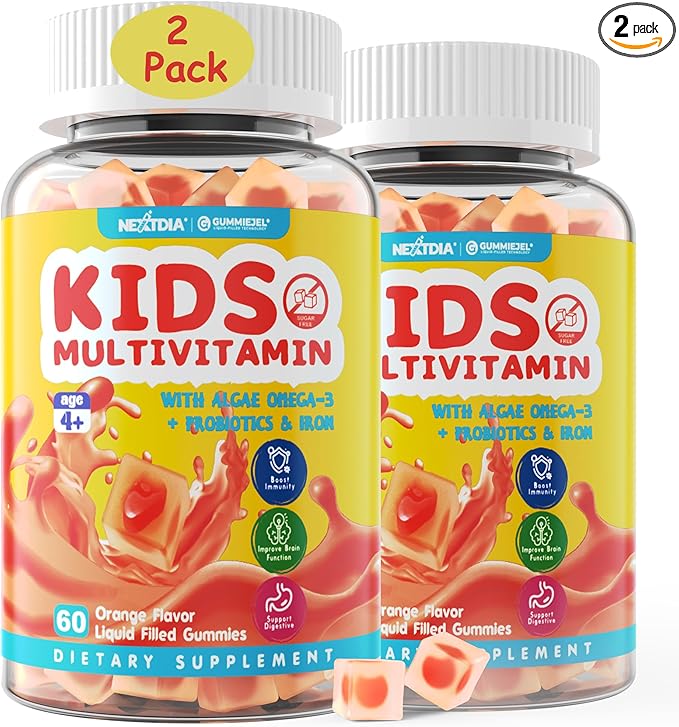 Sugar Free Kids Multivitamin Gummies (Made in USA) with Iron, Probiotics, Vegan Omega 3 (EPA/DHA), Kids Daily Vitamins A, C, D, B Complex, for Healthy Growth, Boost Immunity, Orange Flavor, 120 Count