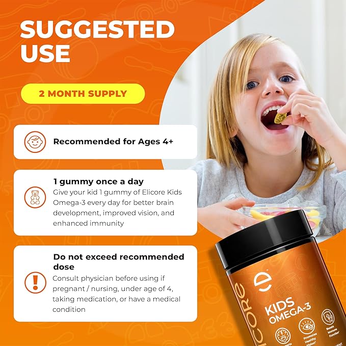 Kids Omega 3 Gummies - DHA & EPA Fish Oil Supplement for Brain, Vision & Immune Health - Non-GMO, Gluten-Free Orange Flavor Chewable Omega 3 for Kids Gummy 4+ - 60 Count