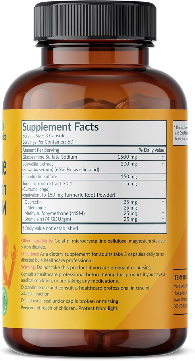 Futurebiotics Glucosamine Chondroitin Turmeric & MSM Advanced Joint Formula, Supports Healthy Joints & Mobility - Non-GMO, 180 Capsules