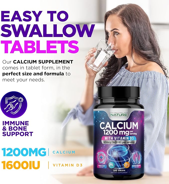 Calcium 1200mg with Vitamin D3 for Best Absorption - Advanced Bone Support Supplement, 1200 mg Calcium Carbonate & 1600 IU Vitamin D3, Slow Release for Immune Support, Easy to Swallow, 120 Tablets