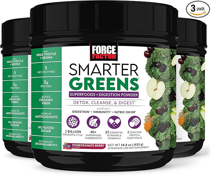 Force Factor Smarter Greens Superfoods + Digestion Powder, 3-Pack, Greens Powder with 2 Billion Probiotics, Digestive Enzymes, and Antioxidants to Detox, Cleanse, and Support Immunity, 90 Servings