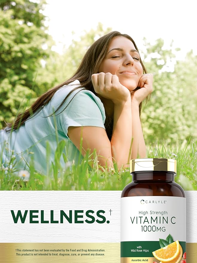 Carlyle Vitamin C 1000mg | 300 Vegetarian Caplets | Ascorbic Acid with Wild Rose HIPS | High Strength Formula | Non-GMO and Gluten Free Supplement