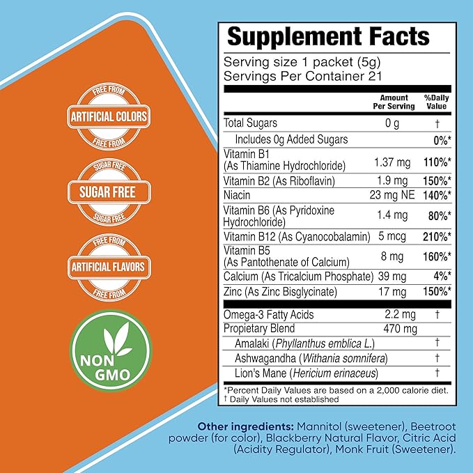 Focus Sugar Free Dietary Supplement Drink Mix with Ashwagandha, Lion’s Mane, B Vitamins B1 B2 B3 B5 B6 B12, for Cognitive Performance & Clarity BlackBerry, 21 Day Supply