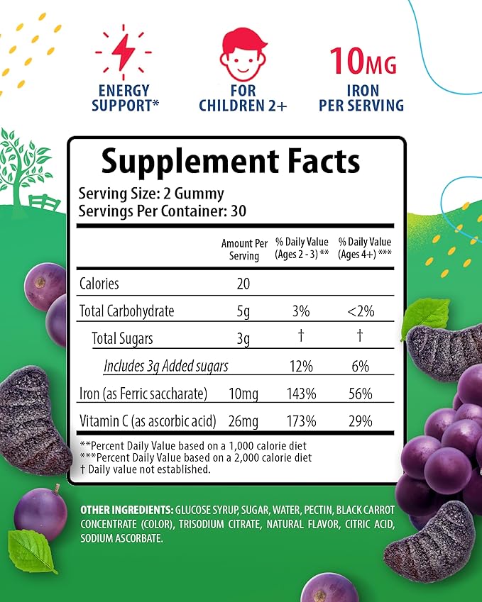 SUNNY SAM Iron Gummies for Kids & Teens - 10mg Vitamins with Vitamin C - Low-Sugar Chewable Iron Gummy Supplement for Immune Support, Supports Red Blood Cell Production for Children & Teen Girls
