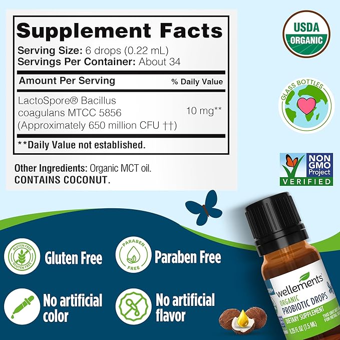Wellements Organic Baby Probiotic Drops (0.25 Fl Oz) - Digestive & Immune Support for Infants - Toddler Probiotic Helps with Newborn+ Gut Health, Gas, Constipation & Colic Support - Preservative Free