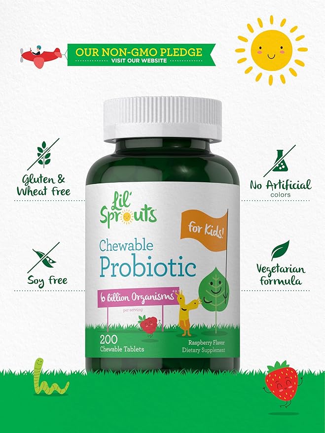 Carlyle Probiotics for Kids Chewable | 200 Count | 6 Billion CFUs | Raspberry Flavor | Non-GMO & Gluten Free Supplement | by Lil' Sprouts