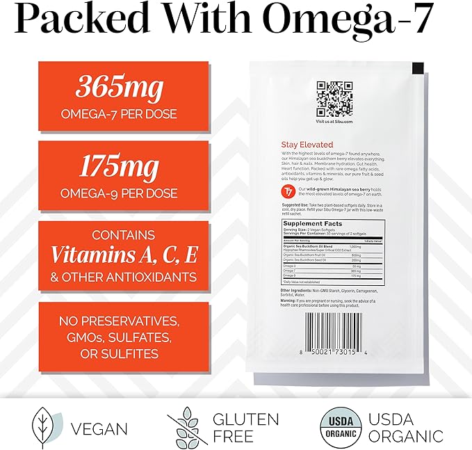 sibu Omega-7 Softgels, Premium Organic Himalayan Sea Buckthorn Oil (180ct, 90 Day Supply) – Supplement for Healthy Skin, Hair, Nails and Dryness