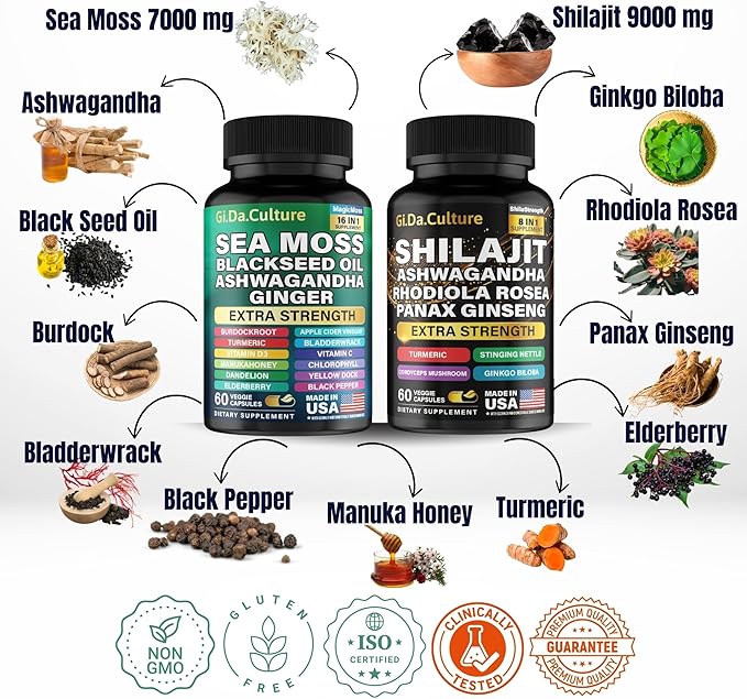 GiDa Culture Shilajit and Sea Moss Combo - Sea Moss and Shilajit Bundle with Ashwagandha, Black Seed, Turmeric, Bladderwrack, Burdock, Black Pepper with Vitamins and Antioxidants - 120 Veggie Capsules