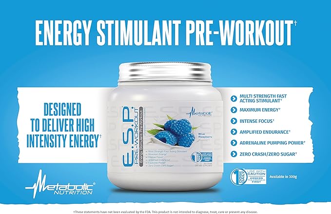 Metabolic Nutrition, ESP, Energy and Endurance Stimulating Pre Workout, Pre Intra Workout, High Energy and Mental Focus, Stimulating Workout Supplement, Fruit Punch, 300 Grams (90 Servings)