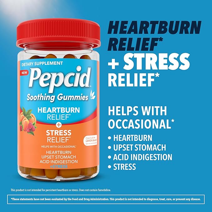 Pepcid Soothing Gummies, Heartburn Relief + Stress Relief Gummies Help with Occasional Heartburn, Upset Stomach, Acid Indigestion, & Stress, Tricalcium Phosphate, Peach-Raspberry, 32 ct